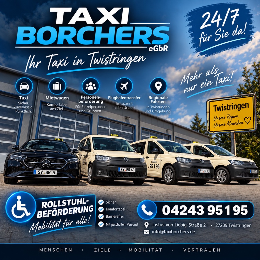 Taxi Borchers eGbR in Twistringen – Firmenmotiv mit Fahrzeugflotte, 24/7-Erreichbarkeit und Kontaktinformationen